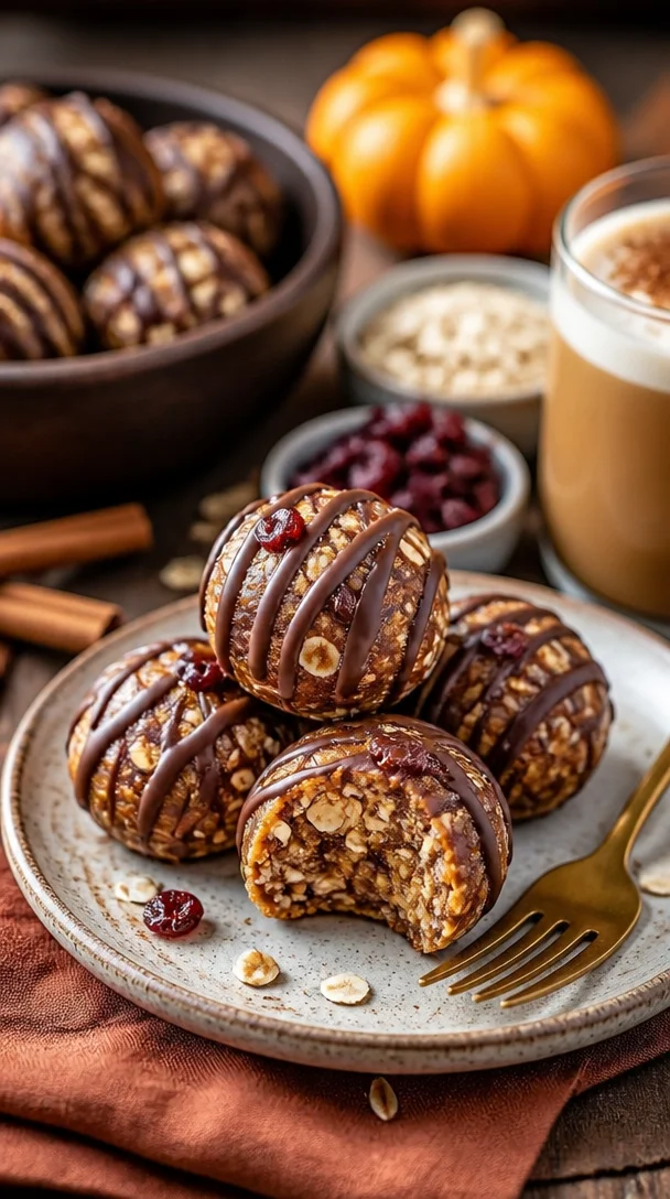 No-Bake Kürbiskuchen Energiebissen auf einem Teller ansprechend präsentiert