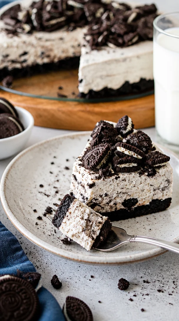 No-Bake Oreo-Käsekuchen mit Oreo-Keksen und Sahnefüllung, perfekt für Dessertliebhaber.