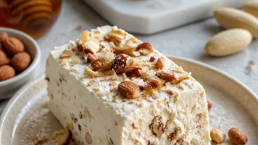 Nougat-Eis mit karamellisierten Mandeln ohne Eismaschine zubereitet