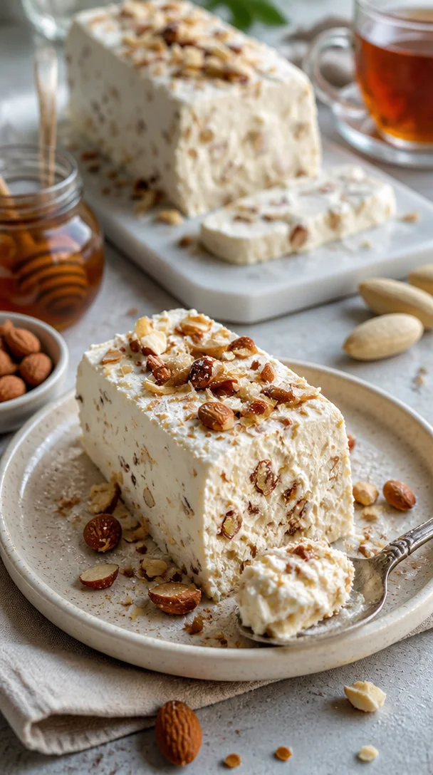 Nougat-Eis mit karamellisierten Mandeln ohne Eismaschine zubereitet