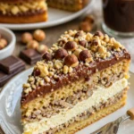 Leckerer Nusskuchen mit Nougatcreme auf einem schönen Teller