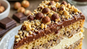 Leckerer Nusskuchen mit Nougatcreme auf einem schönen Teller
