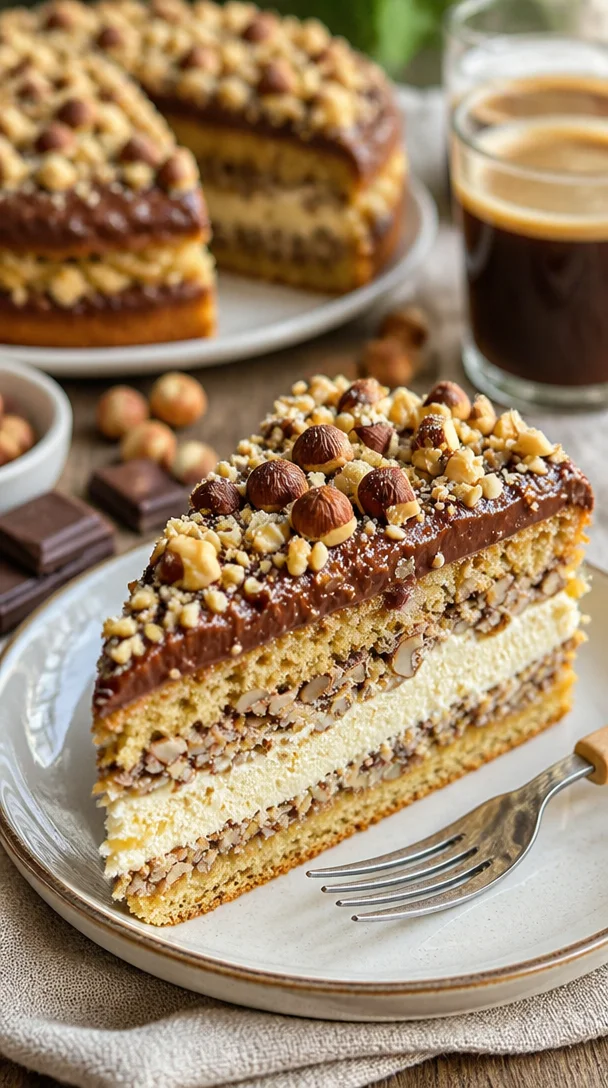 Leckerer Nusskuchen mit Nougatcreme auf einem schönen Teller