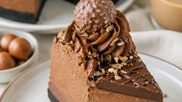 Leckerer Nutella-Käsekuchen auf einem Weißerteller serviert.