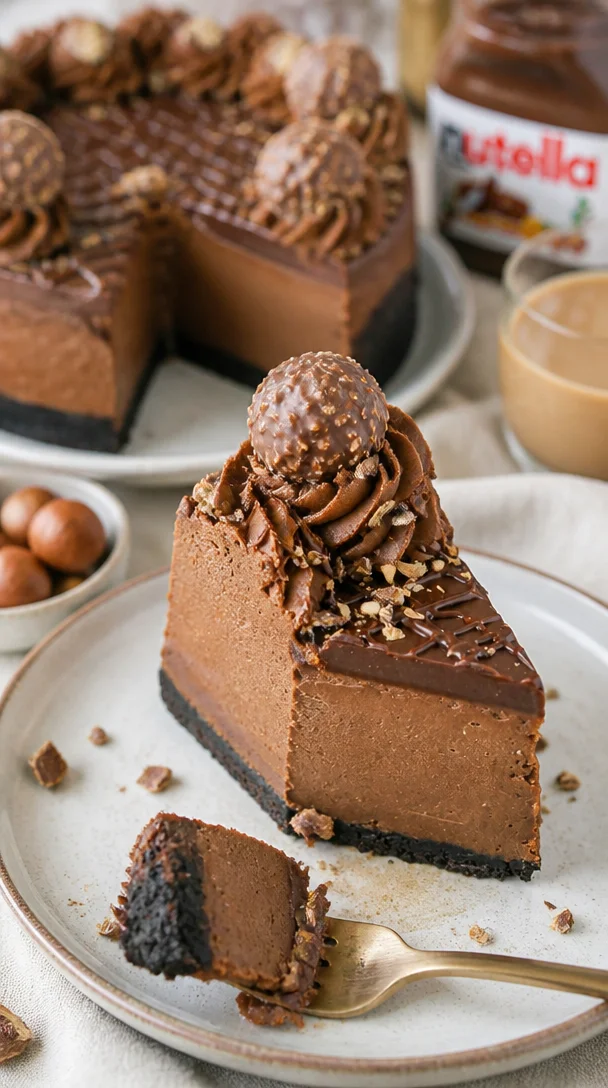 Leckerer Nutella-Käsekuchen auf einem Weißerteller serviert.