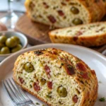 Leckeres Oliven-Speck-Käse-Brot auf einem Holzbrett serviert