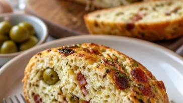Leckeres Oliven-Speck-Käse-Brot auf einem Holzbrett serviert