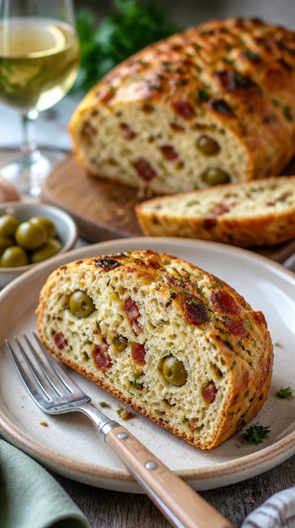 Leckeres Oliven-Speck-Käse-Brot auf einem Holzbrett serviert