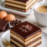 Leckerer Opera-Kuchen mit Kaffee und Schokolade auf einem Teller