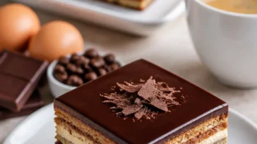 Leckerer Opera-Kuchen mit Kaffee und Schokolade auf einem Teller