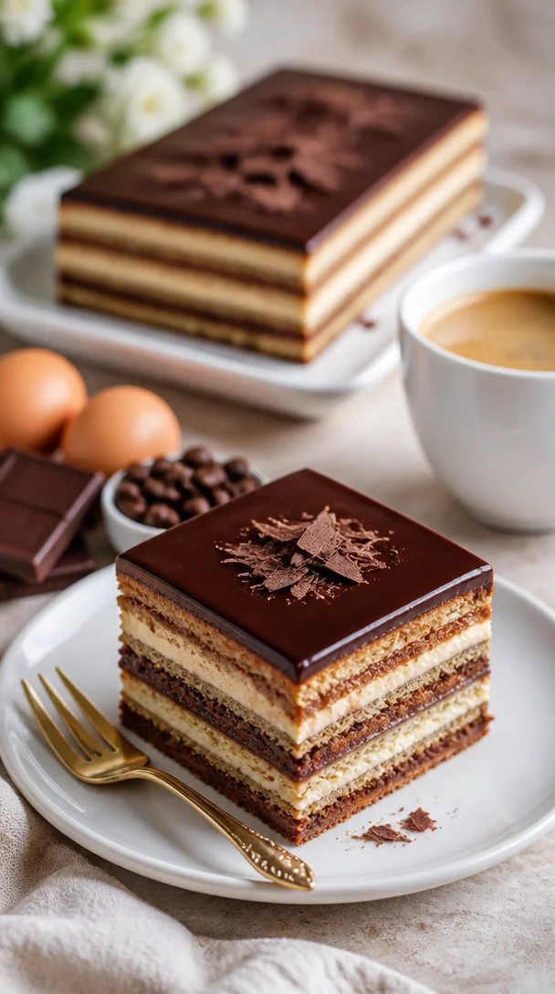 Leckerer Opera-Kuchen mit Kaffee und Schokolade auf einem Teller