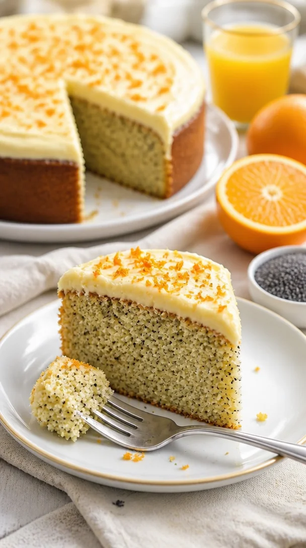 Leckerer Orangen-Mohnkuchen auf einem Teller, dekoriert mit Orangenscheiben.