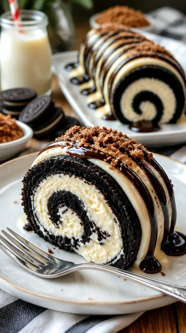 Oreo Käsekuchen in Form einer Sushi Rolle, ein kreatives Dessert.