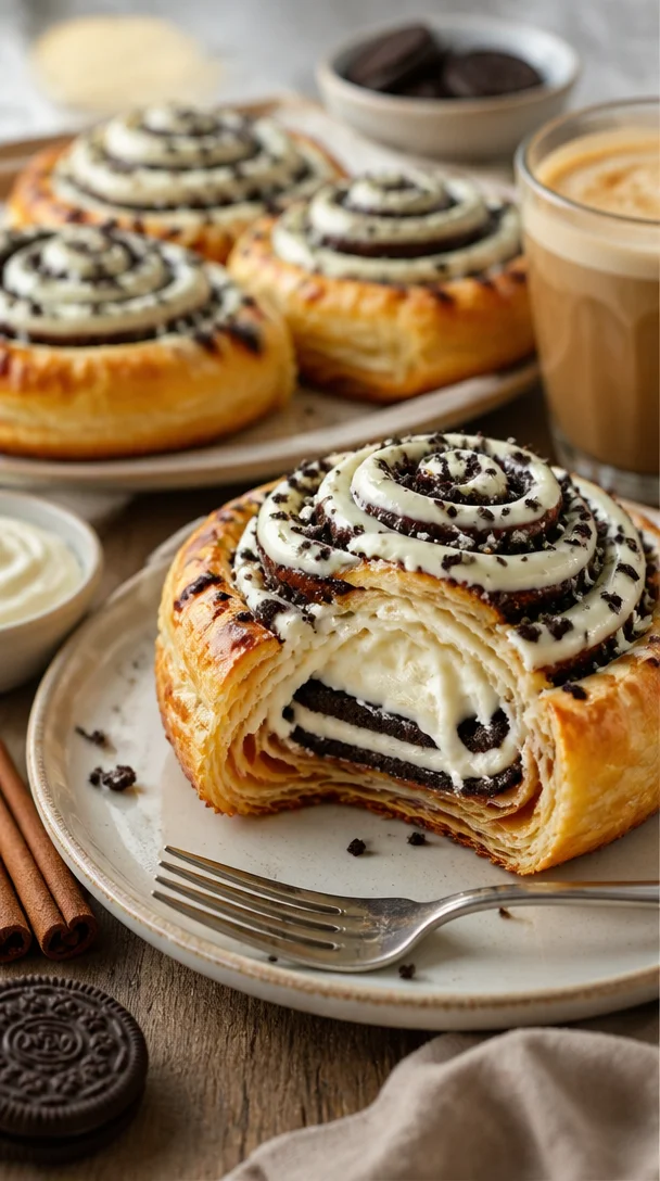 Oreo gefüllte Zimtschnecken auf einem Teller, frisch gebacken und verführerisch