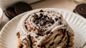 Oreo Zimtschnecken frisch aus dem Ofen, mit Oreo-Stückchen und Zuckerguss dekoriert