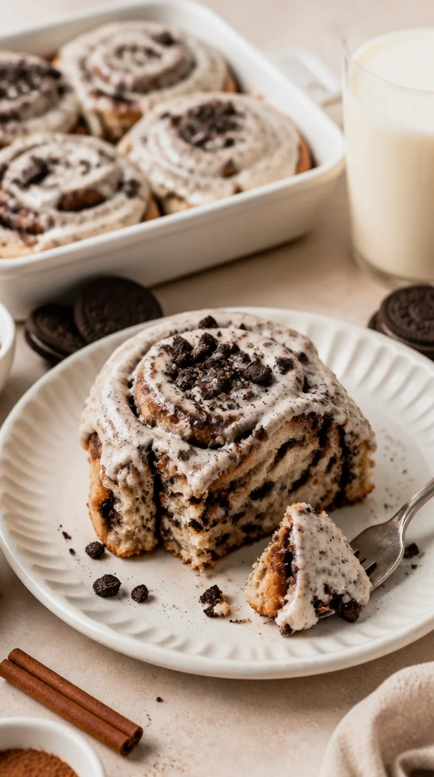 Oreo Zimtschnecken frisch aus dem Ofen, mit Oreo-Stückchen und Zuckerguss dekoriert