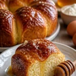 Oster-Brioche mit Honig auf einem weißen Teller dekoriert