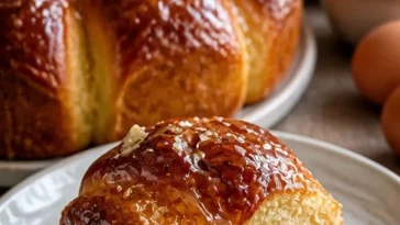 Oster-Brioche mit Honig auf einem weißen Teller dekoriert