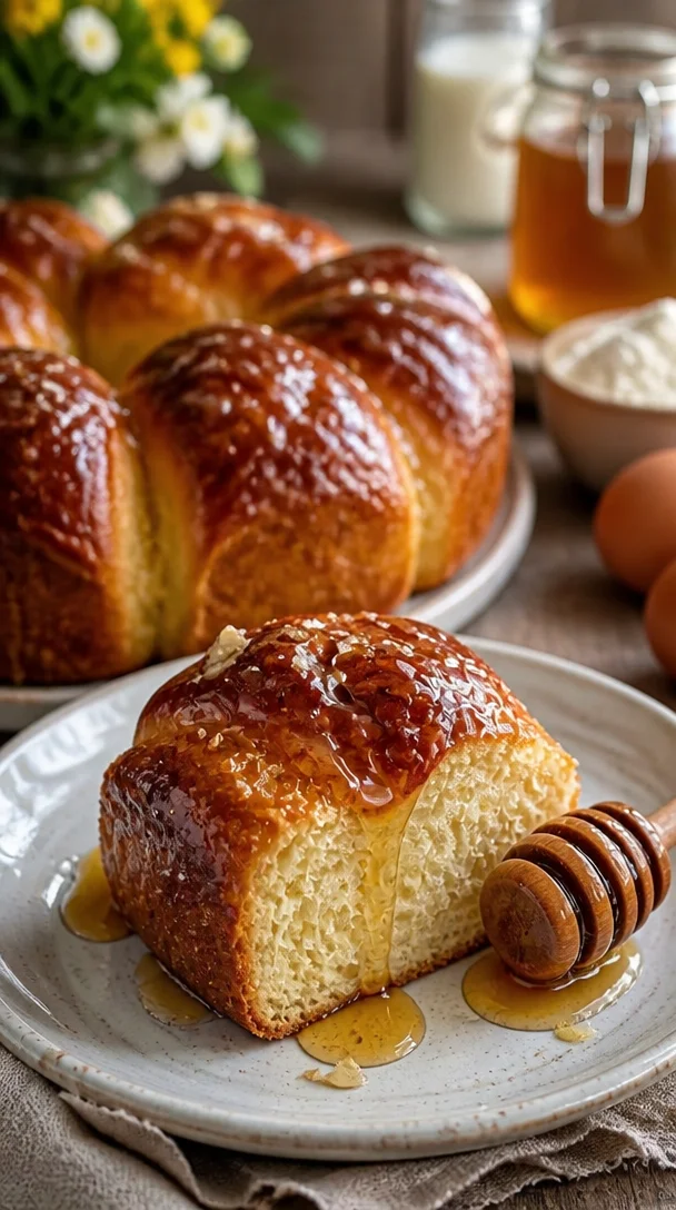 Oster-Brioche mit Honig auf einem weißen Teller dekoriert