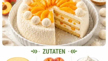 Pfirsich Raffaello Torte mit frischen Pfirsichen und cremigem Belag
