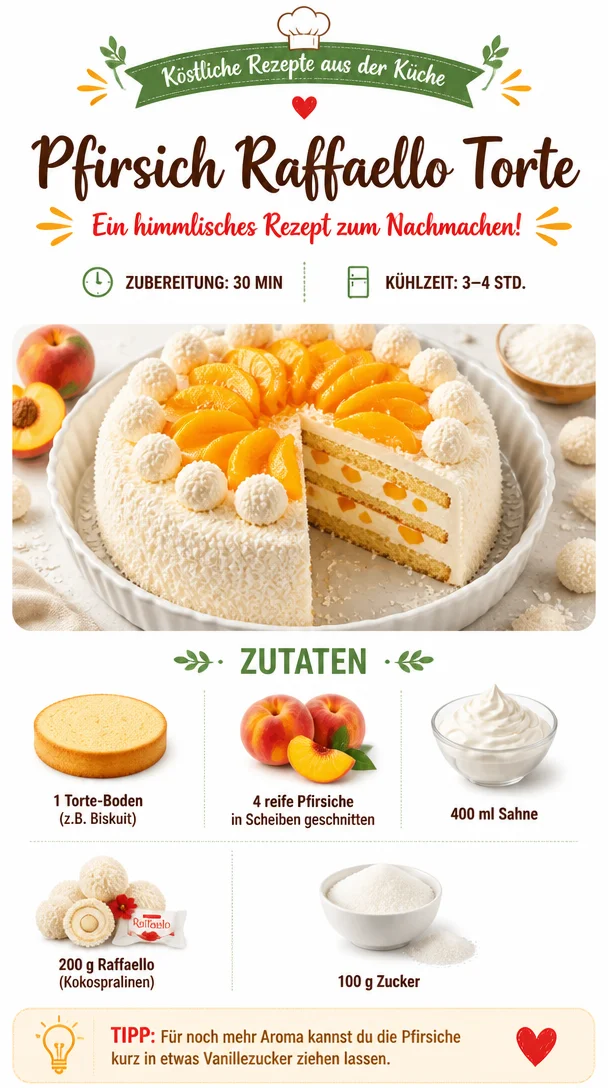 Pfirsich Raffaello Torte mit frischen Pfirsichen und cremigem Belag