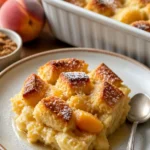 Pfirsichbrotpudding aus frischen Pfirsichen und Brot, ein köstliches Dessert.