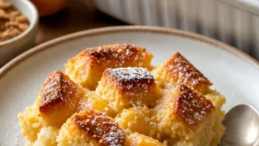 Pfirsichbrotpudding aus frischen Pfirsichen und Brot, ein köstliches Dessert.