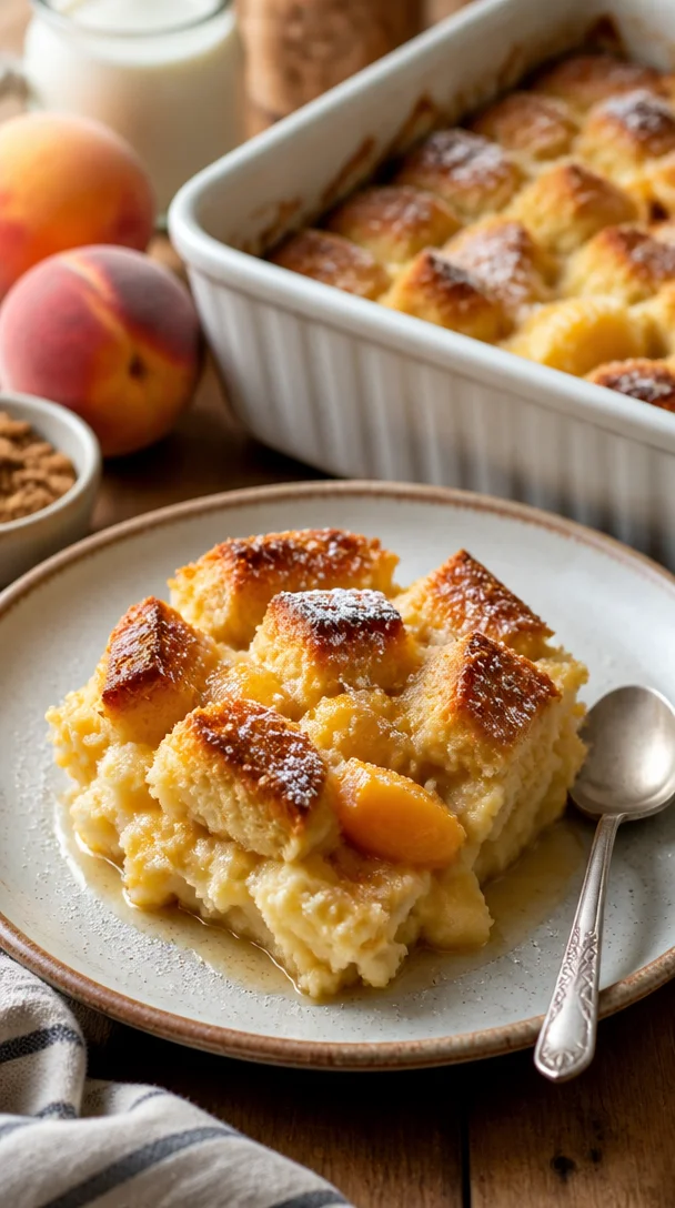 Pfirsichbrotpudding aus frischen Pfirsichen und Brot, ein köstliches Dessert.