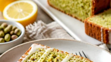 Pistazien-Zitronen Frühstücksbrot auf einem rustikalen Holzbrett