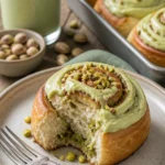 Leckere Pistazien-Creme Zimtschnecken auf einem Teller, ideal für Kaffeepausen