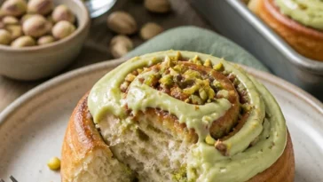 Leckere Pistazien-Creme Zimtschnecken auf einem Teller, ideal für Kaffeepausen
