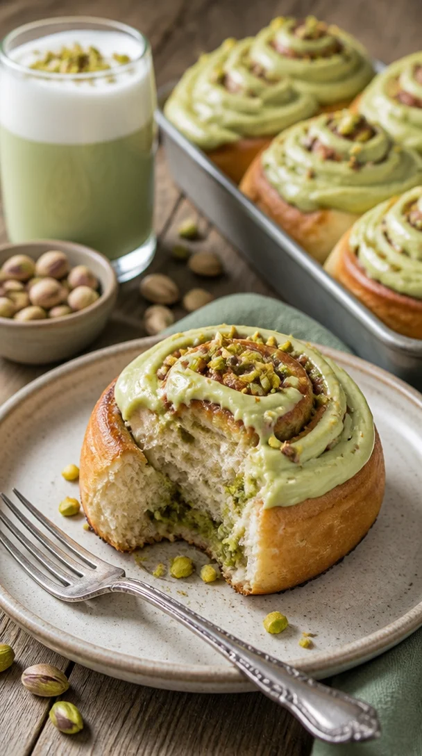 Leckere Pistazien-Creme Zimtschnecken auf einem Teller, ideal für Kaffeepausen