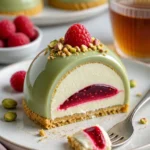 Leckere Stücke von Pistazien-Himbeer-Cheesecake auf einem Teller