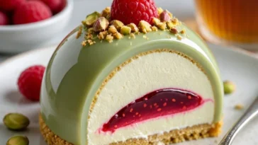 Leckere Stücke von Pistazien-Himbeer-Cheesecake auf einem Teller
