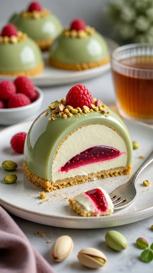 Leckere Stücke von Pistazien-Himbeer-Cheesecake auf einem Teller