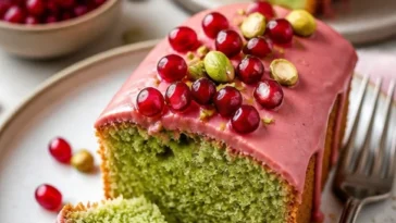 Leckerer Pistazien-Rosen-Kuchen mit bunten Rosen und Pistazien dekoriert.