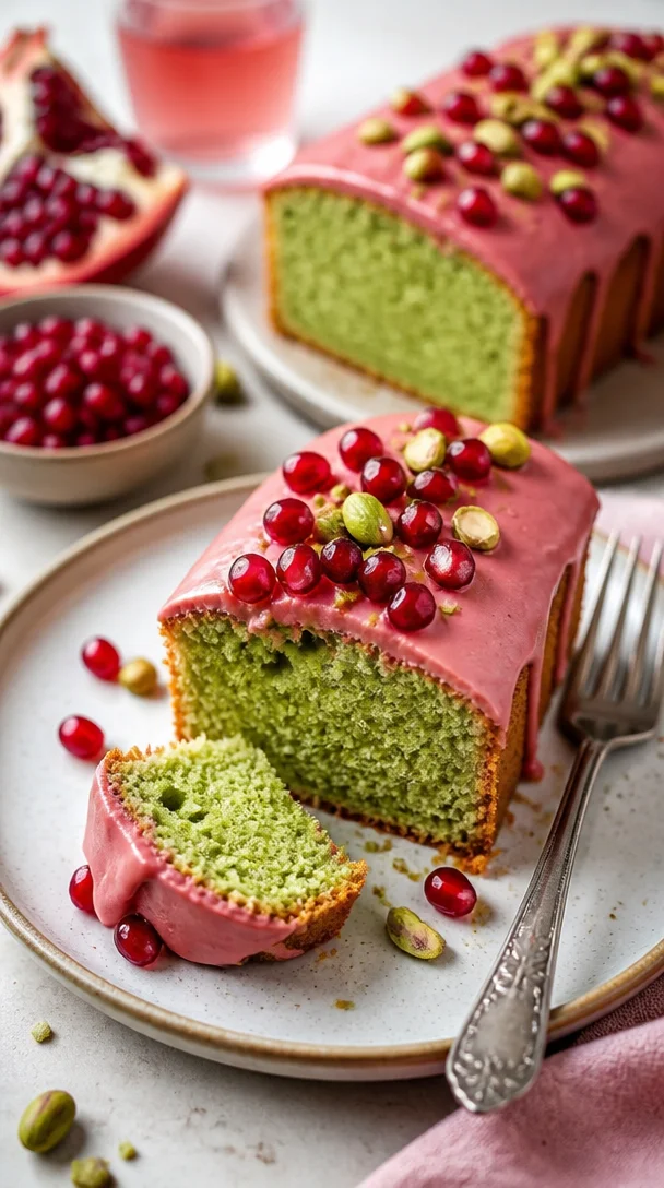 Leckerer Pistazien-Rosen-Kuchen mit bunten Rosen und Pistazien dekoriert.