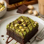 Leckere Pistazien-Schnecken-Brownies auf einem Teller, dekoriert mit Pistazien.