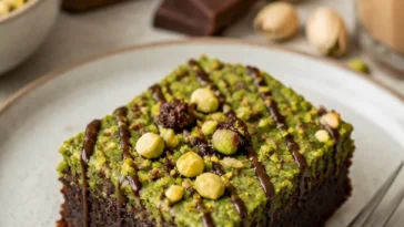 Leckere Pistazien-Schnecken-Brownies auf einem Teller, dekoriert mit Pistazien.