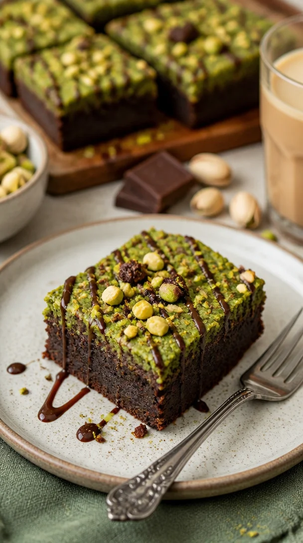 Leckere Pistazien-Schnecken-Brownies auf einem Teller, dekoriert mit Pistazien.