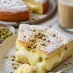 Pistazienkuchen mit gooey Schicht auf einem Teller serviert