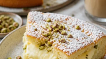 Pistazienkuchen mit gooey Schicht auf einem Teller serviert