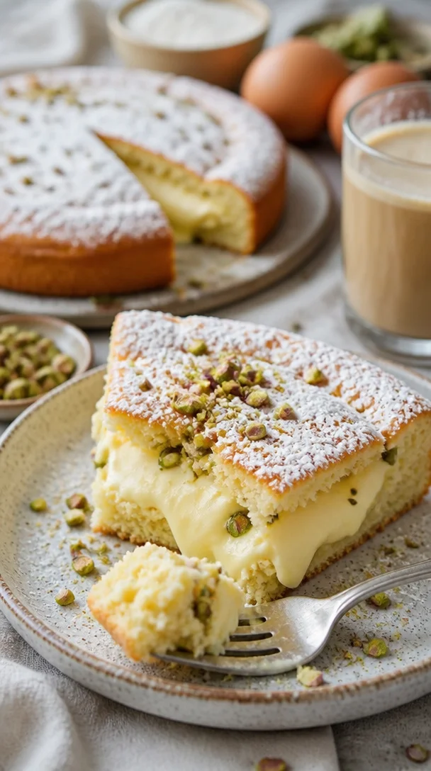 Pistazienkuchen mit gooey Schicht auf einem Teller serviert