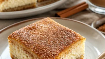 Quarkkuchen mit Zimt auf einem Teller serviert, frisch gebacken und appetitlich.
