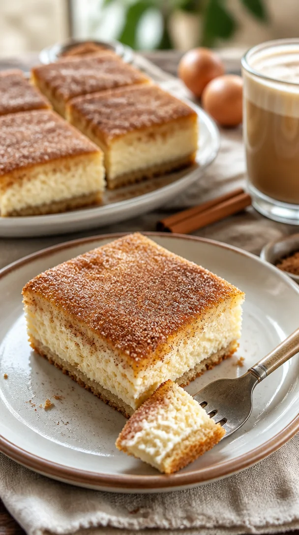 Quarkkuchen mit Zimt auf einem Teller serviert, frisch gebacken und appetitlich.