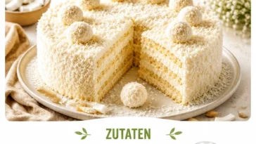 Delizierte Raffaello Torte mit Kokos und Schokolade auf einem Teller