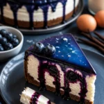Ravenclaw Midnight Blueberry Cheesecake mit frischen Heidelbeeren.