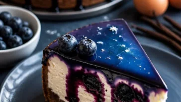 Ravenclaw Midnight Blueberry Cheesecake mit frischen Heidelbeeren.