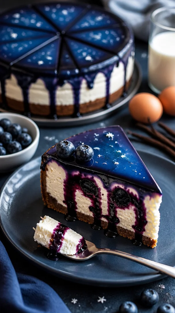 Ravenclaw Midnight Blueberry Cheesecake mit frischen Heidelbeeren.