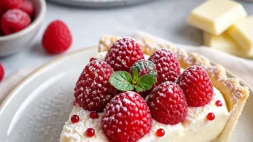Reiche weiße Schokoladenmousse-Tarte auf einem eleganten Dessertteller